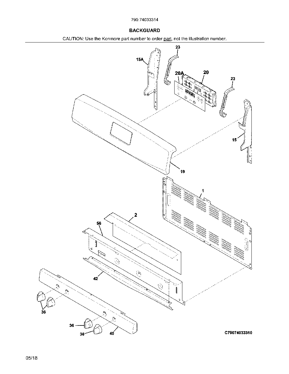 Backguard Diagram and Parts List for 79074033314  Kenmore Range