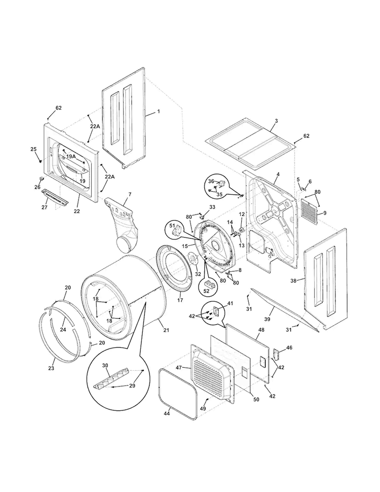 Upper Cabinet/drum/heater Diagram and Parts List for FFLE2022MW0  Frigidaire Washer Dryer Combo