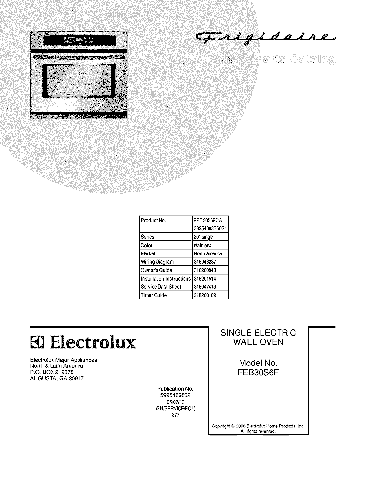 COVER Diagram and Parts List for FEB30S6FCA  Frigidaire Wall Oven