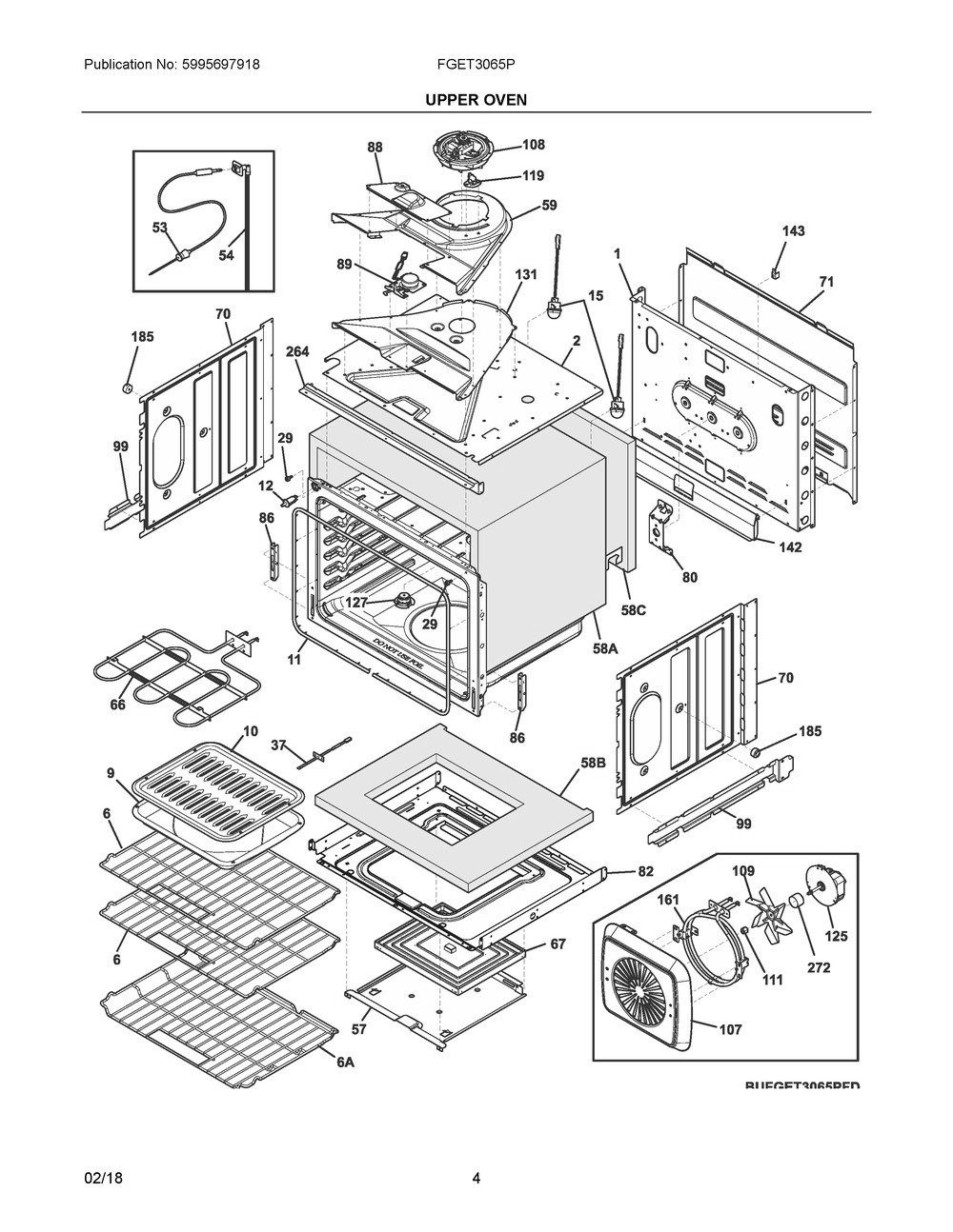 Upper Oven Diagram and Parts List for FGET3065PBE  Frigidaire Wall Oven