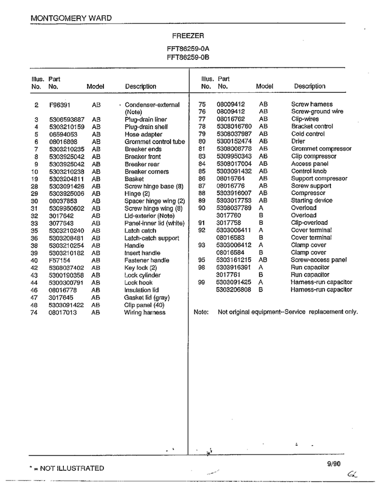 Freezer Page 2 Diagram and Parts List for 86259-0A  Frigidaire Freezer