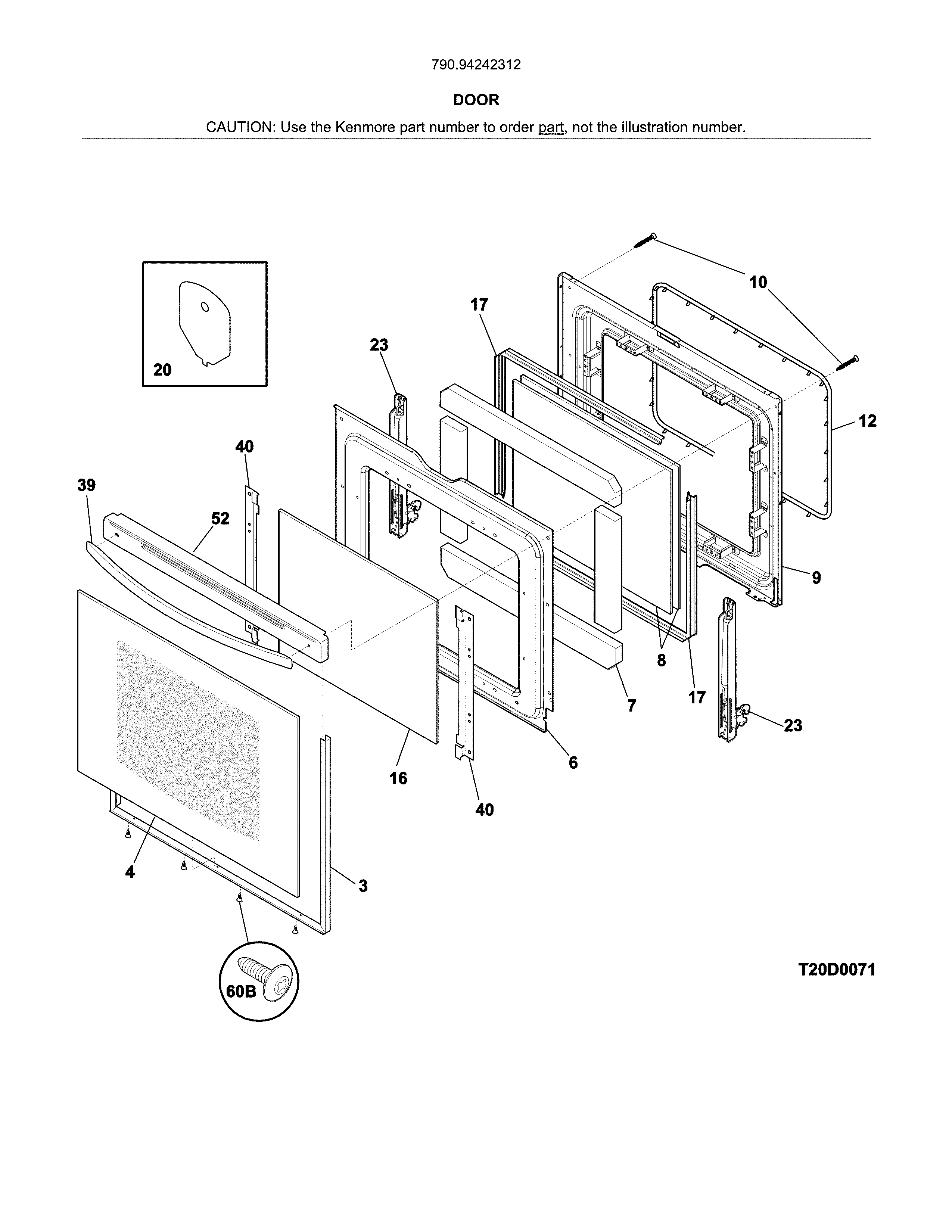 Door Diagram and Parts List for 79094242312  Kenmore Range