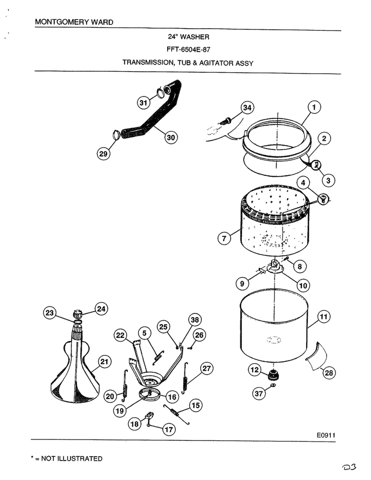 Transmission, Tub And Agitator Assembly Diagram and Parts List for 6504E  Frigidaire Washer