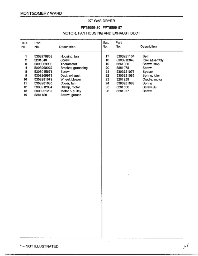Motor/fan Housing And Exhaust Duct Page 2 Diagram and Parts List for 8599-87  Frigidaire Dryer