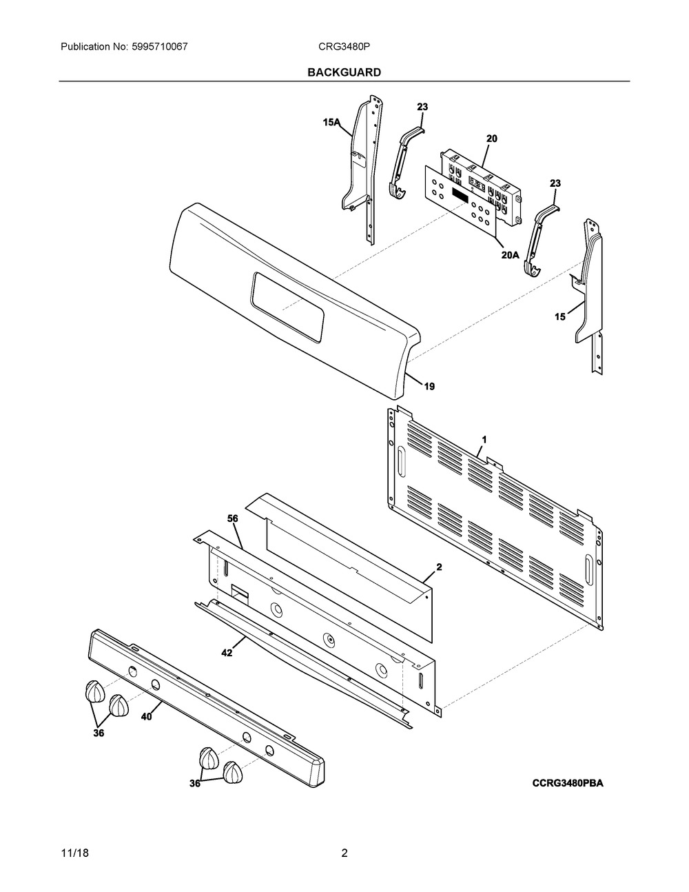 Backguard Diagram and Parts List for CRG3480PWD  Frigidaire Range