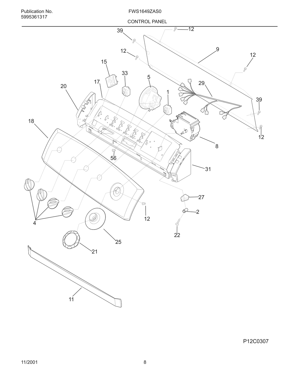 Control Panel Diagram and Parts List for FWS1649ZAS0  Frigidaire Washer