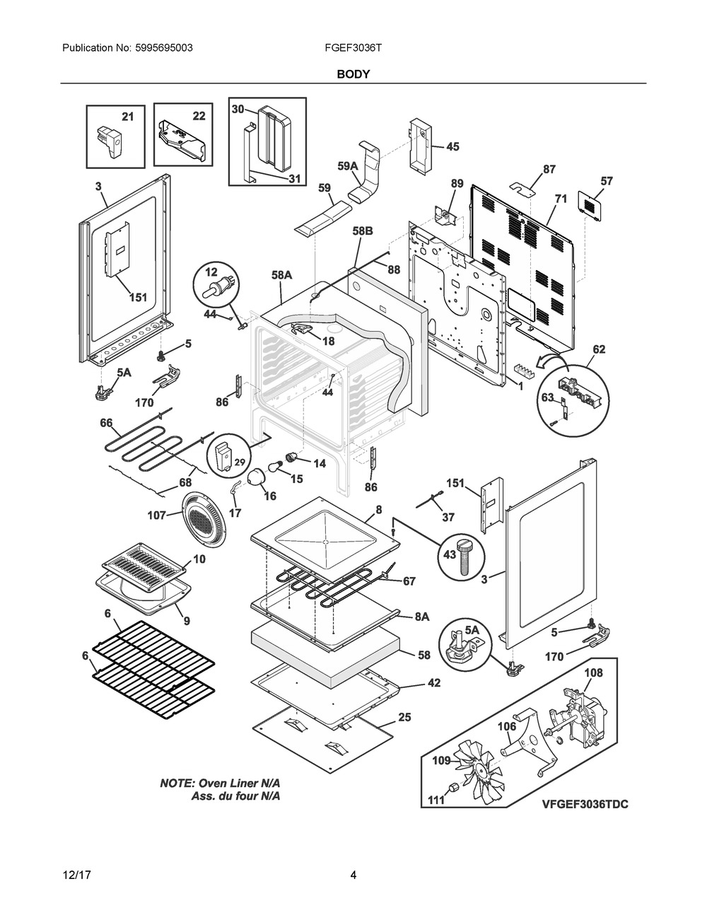 Body Diagram and Parts List for FGEF3036TWB  Frigidaire Range