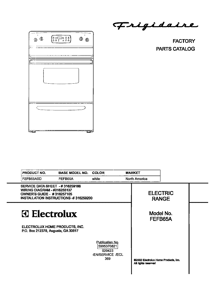 COVER Diagram and Parts List for FEFB65ASD  Frigidaire Range