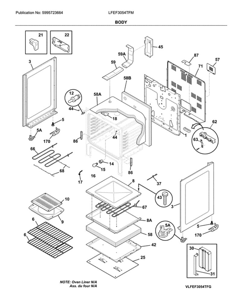 Body Diagram and Parts List for LFEF3054TFM  Frigidaire Range