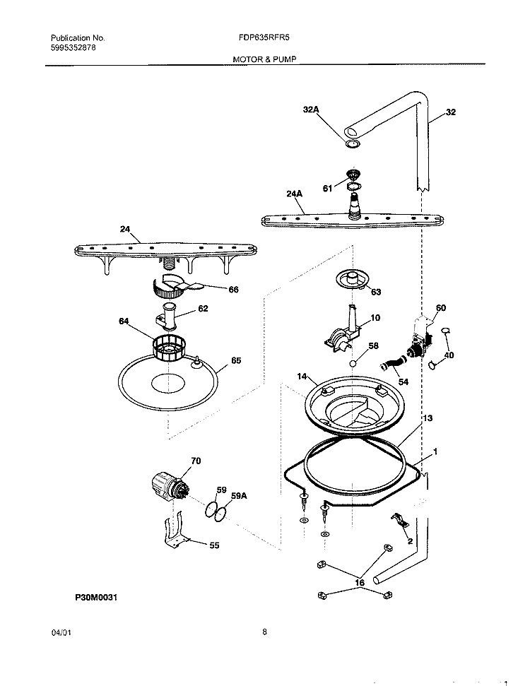 MOTOR & PUMP Diagram and Parts List for FDP635RFR5  Frigidaire Dishwasher