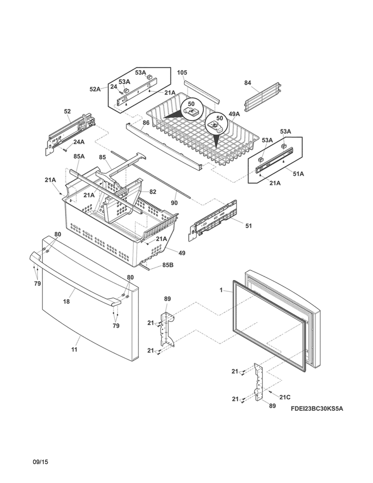 Freezer Drawer, Baskets Diagram and Parts List for EI23BC30KS5A  Electrolux Refrigerator