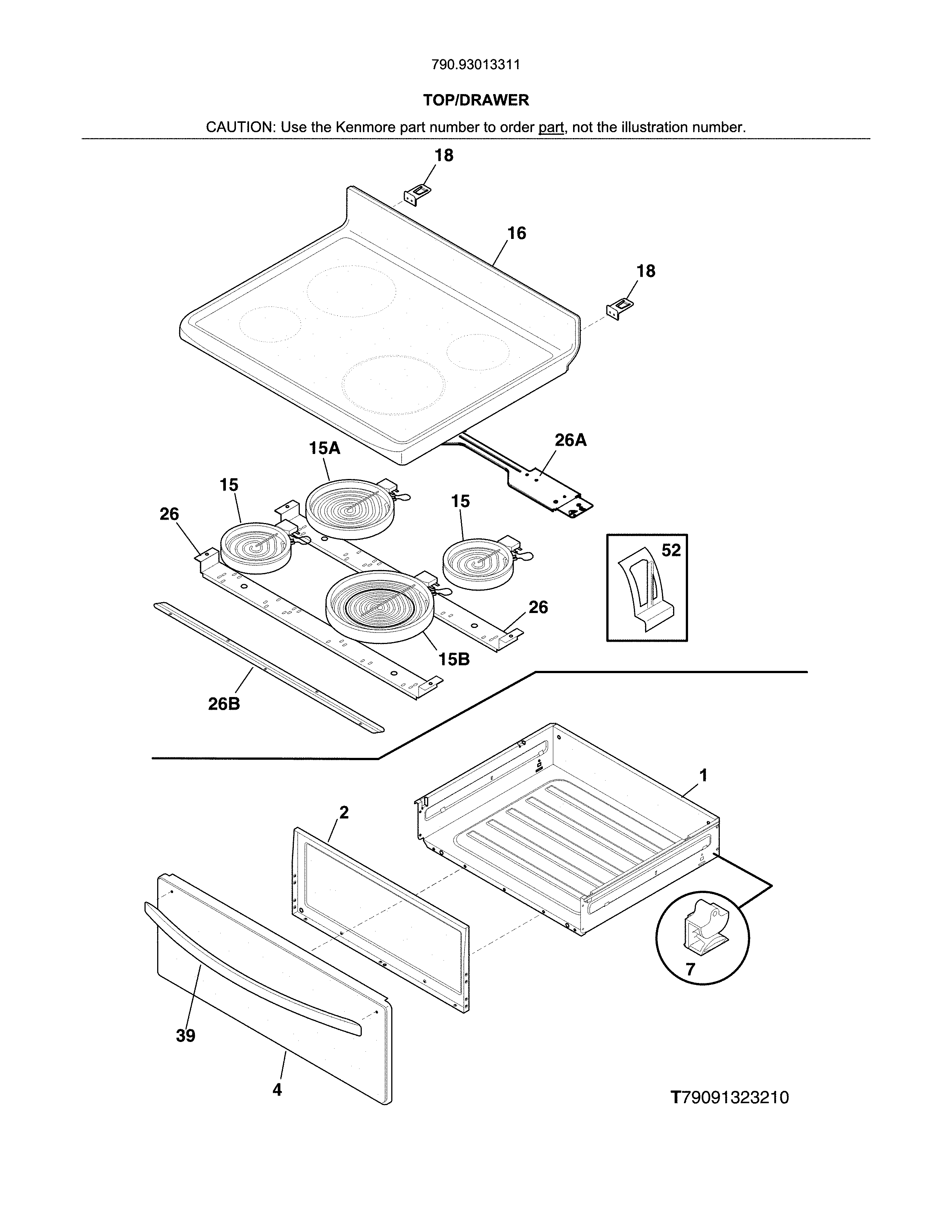 Top/drawer Diagram and Parts List for 79093013311  Kenmore Range