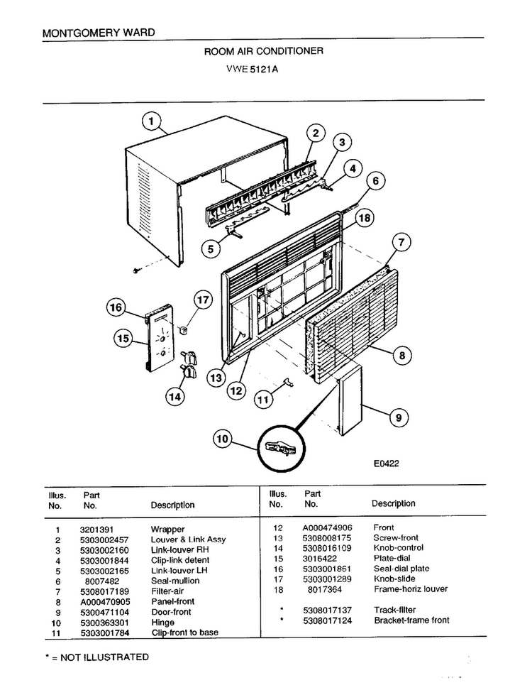 Room Air Conditioner Diagram and Parts List for 5121A  Frigidaire Air Conditioner