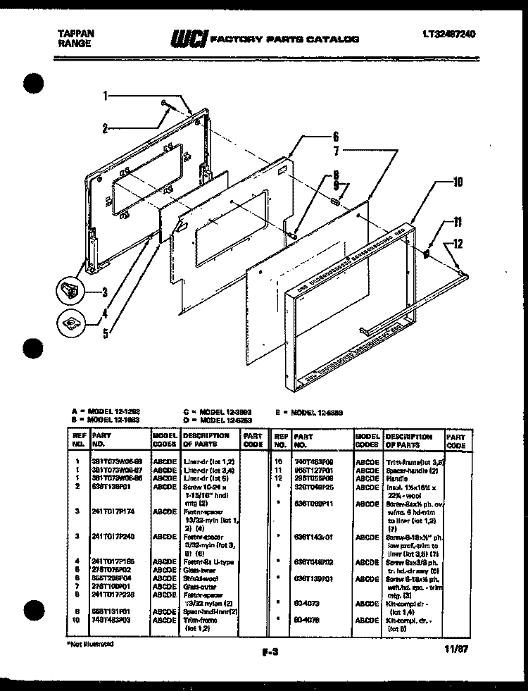 DOOR PARTS Diagram and Parts List for 12-1263-00-01  Tappan Wall Oven