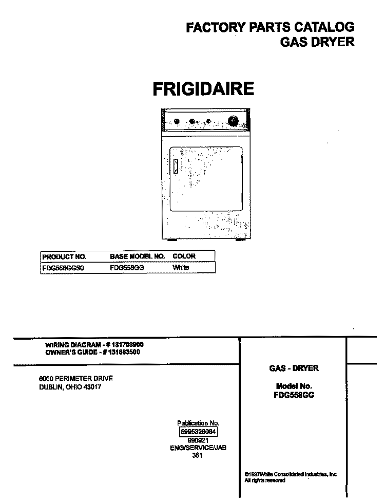 COVER Diagram and Parts List for FDG558GGS0  Frigidaire Dryer