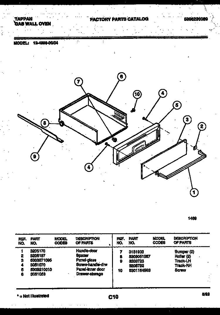 DRAWER PARTS Diagram and Parts List for 12-4990-00-04  Tappan Wall Oven