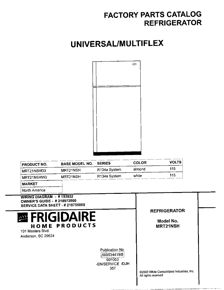COVER Diagram and Parts List for MRT21NSHD3  Uni Refrigerator