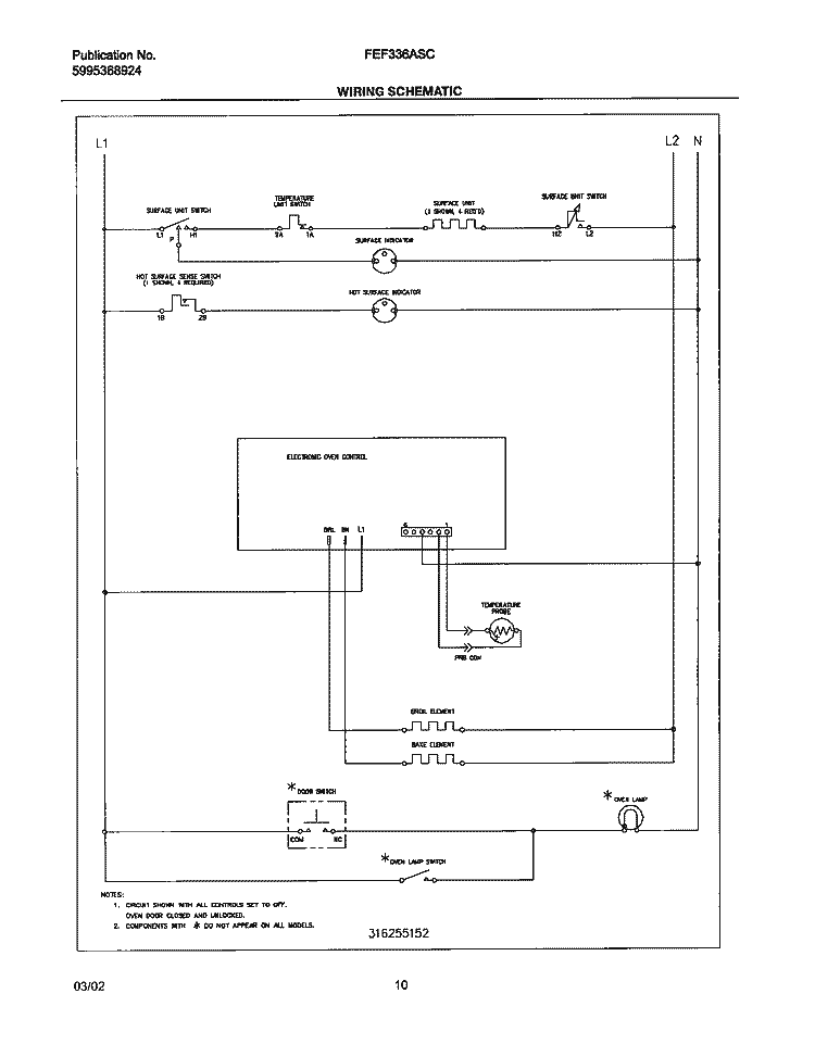 WIRING SCHEAMTIC Diagram and Parts List for FEF336ASC  Frigidaire Range