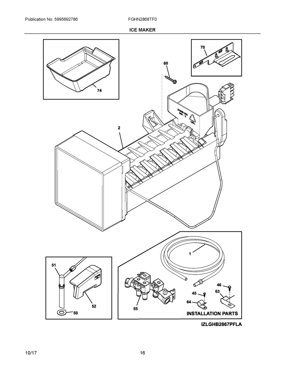 Ice Maker Diagram and Parts List for FGHN2868TF0  Frigidaire Refrigerator