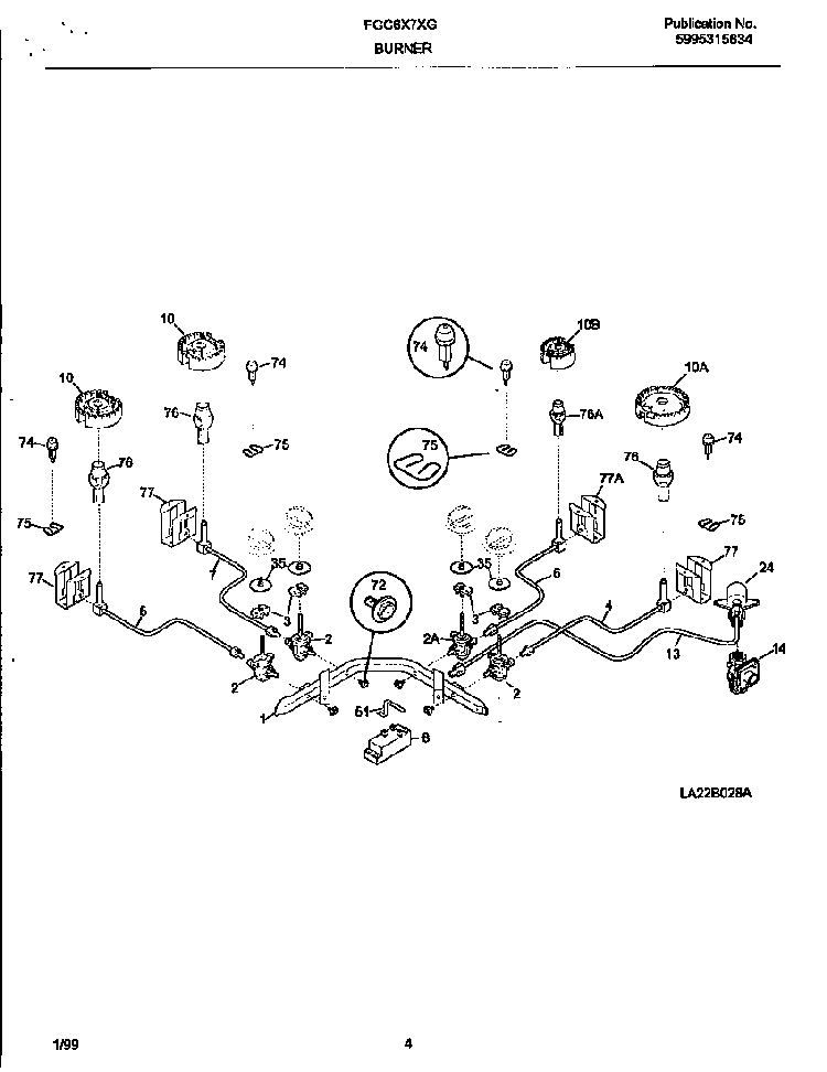 Burner Diagram and Parts List for FGC6X7XGSA-M3-10 10/00 Frigidaire Cooktop