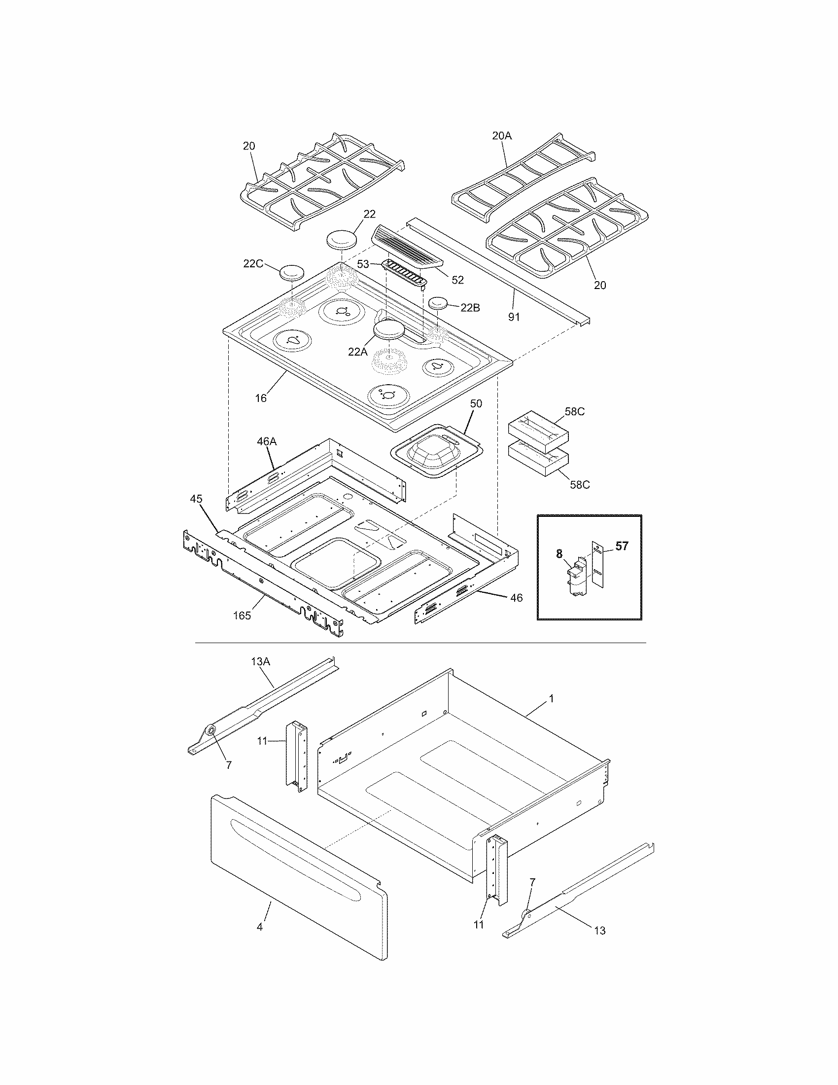 Top/drawer Diagram and Parts List for 79036939903  Kenmore Range