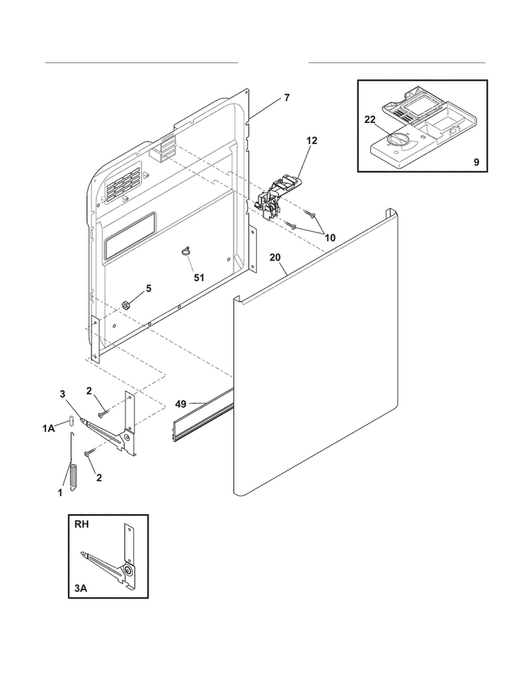 Door Diagram and Parts List for FDB520RHC1A  Frigidaire Dishwasher