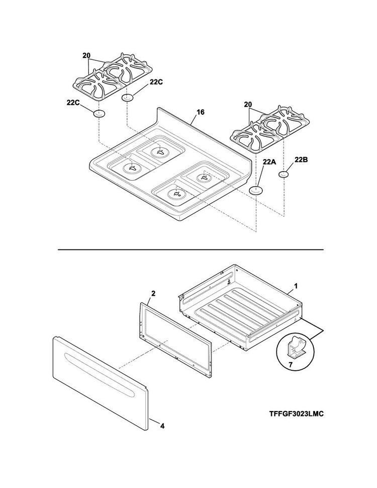 Top/drawer Diagram and Parts List for FFGF3023LMF  Frigidaire Range