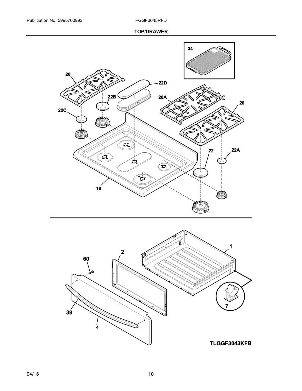 Top/drawer Diagram and Parts List for FGGF3045RFD  Frigidaire Range