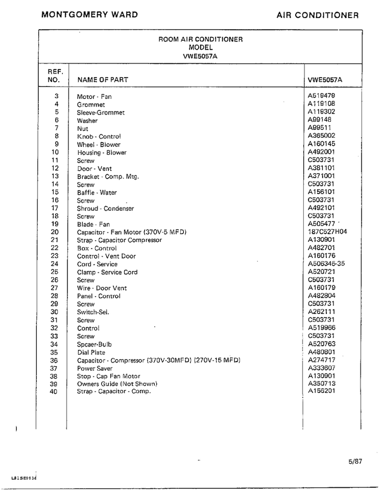 Air Conditioner Page 4 Diagram and Parts List for 5057A  Frigidaire Air Conditioner