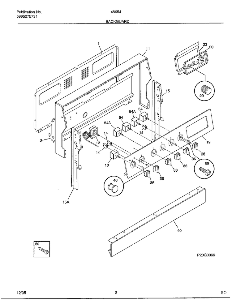 Backguard Diagram and Parts List for 486540D  Frigidaire Range