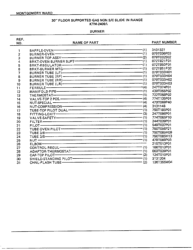 30" Floor/burner Page 2 Diagram and Parts List for 2409A  Frigidaire Range