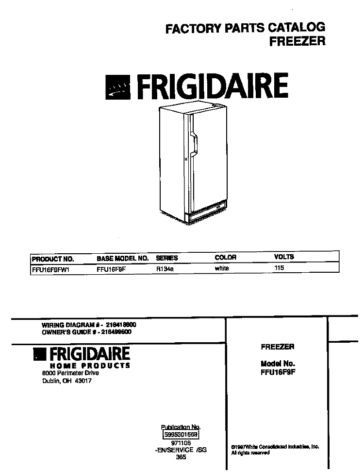 COVER Diagram and Parts List for FFU16F9FW1  Frigidaire Freezer