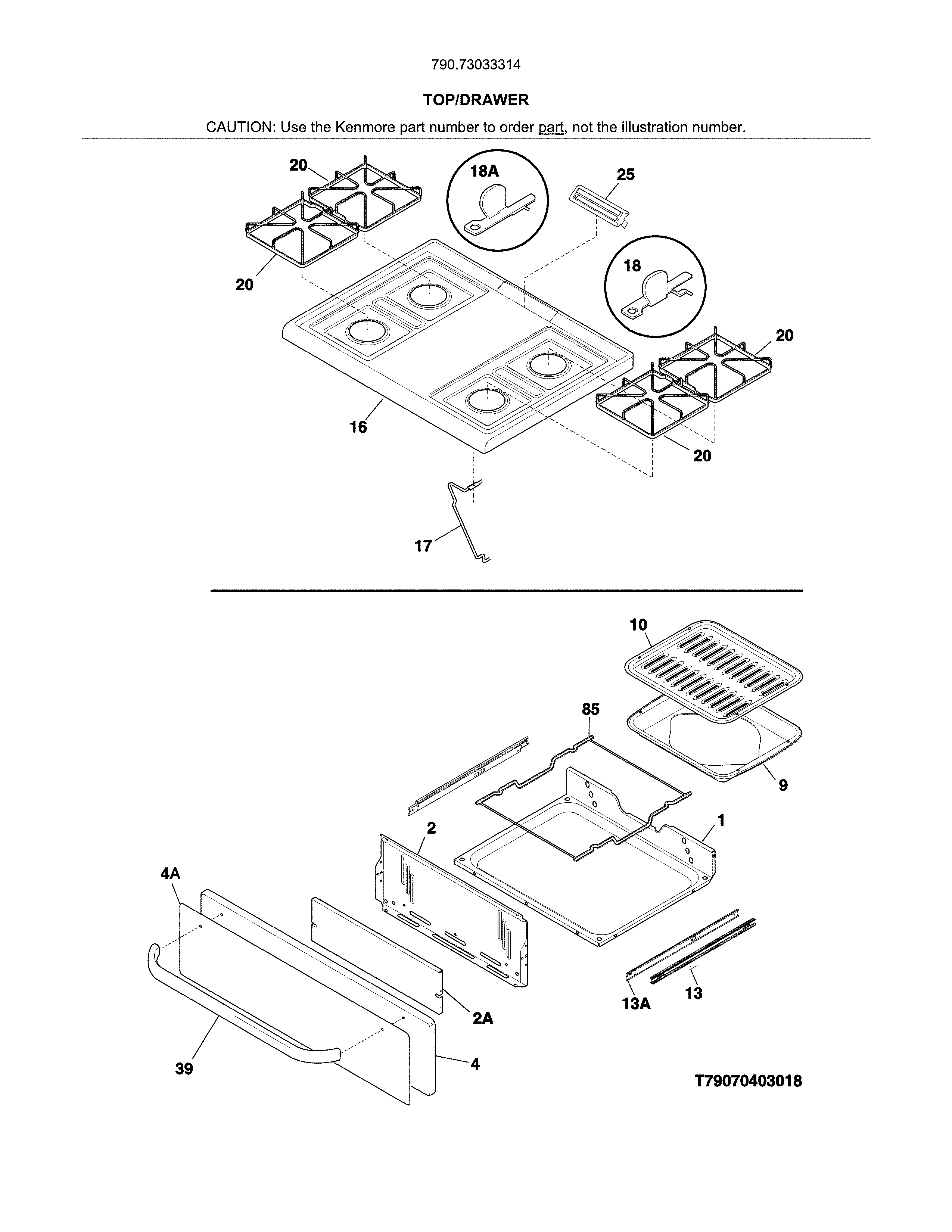 Top/drawer Diagram and Parts List for 79073033314  Kenmore Range