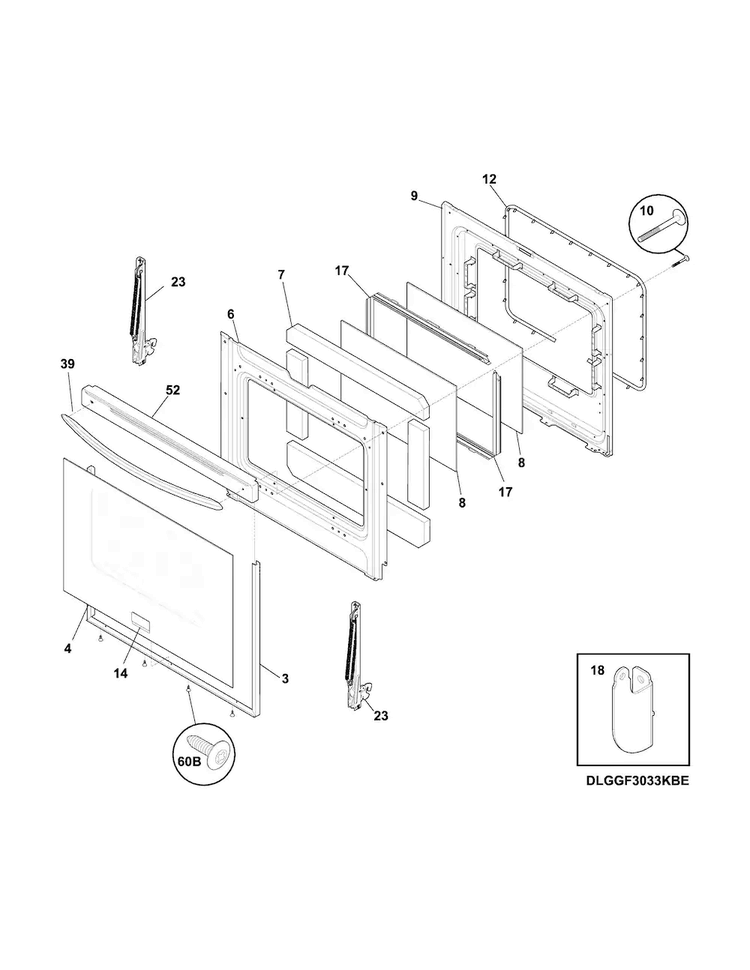 Door Diagram and Parts List for FGGF3054MWF  Frigidaire Range