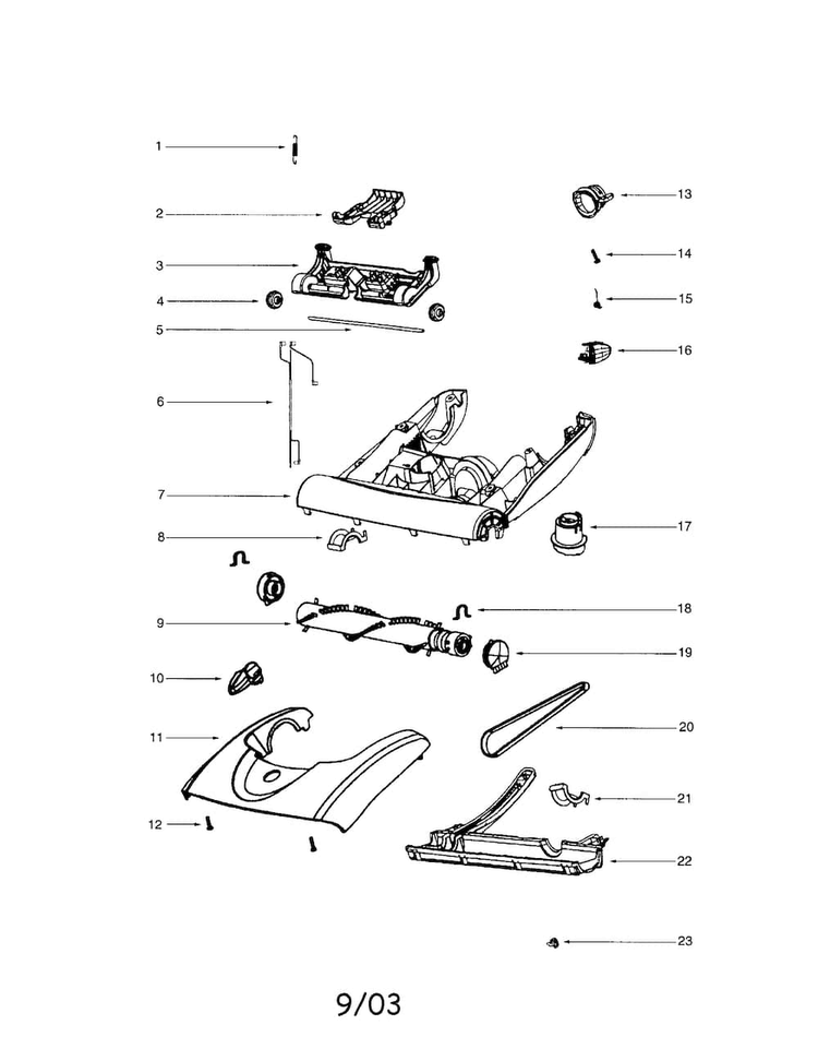 Base/hood/front Axle Diagram and Parts List for EL5010A  Electrolux Upright Vacuum