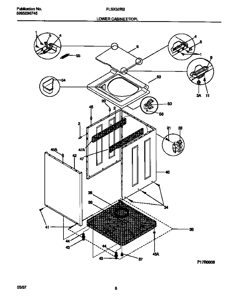 LOWER CABINET / TOP Diagram and Parts List for FLXE52RBT5  Frigidaire Washer Dryer Combo
