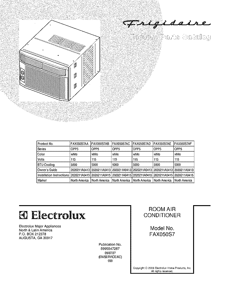 COVER Diagram and Parts List for FAX050S7AC  Frigidaire Air Conditioner