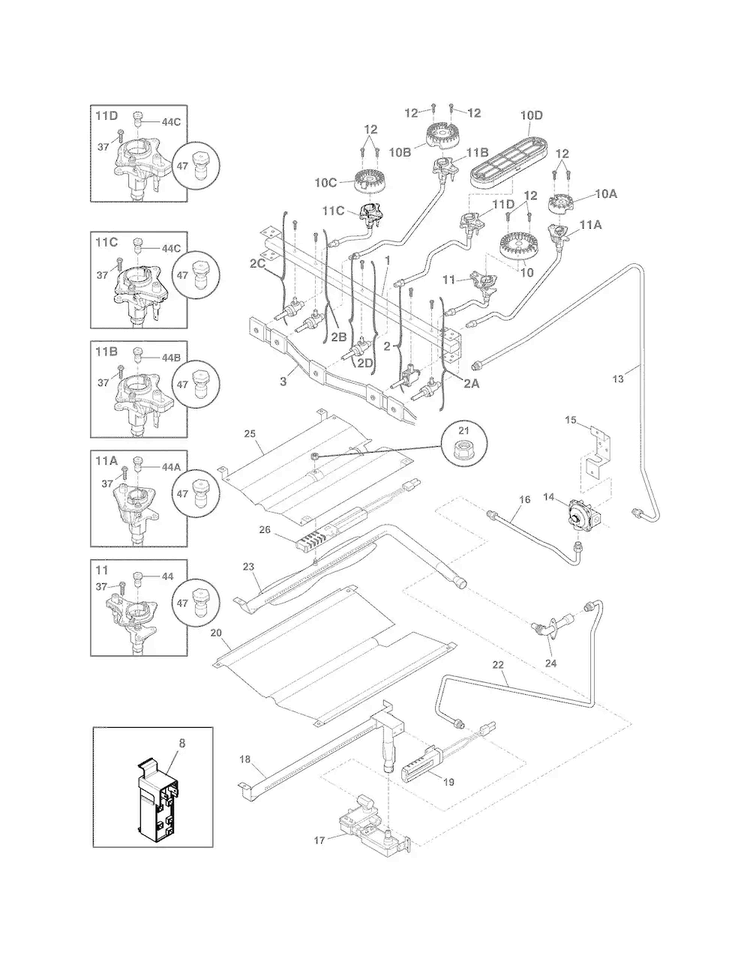 Burner Diagram and Parts List for FGGF3054MWC  Frigidaire Range