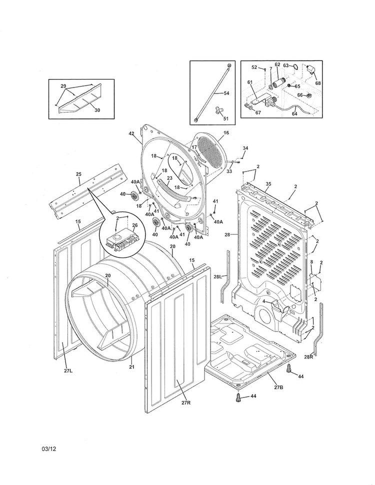 Cabinet/drum Diagram and Parts List for FASE7021NW0  Frigidaire Dryer