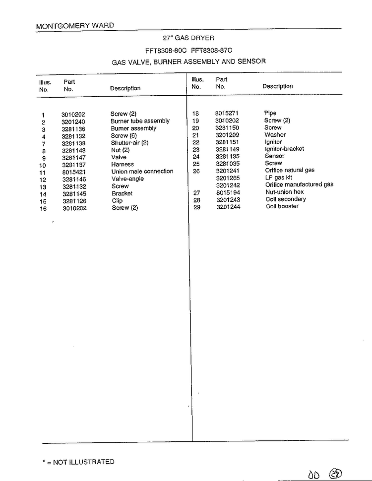 Gas Valve/burner Assembly/sensor Page 2 Diagram and Parts List for 8308-87C  Frigidaire Dryer