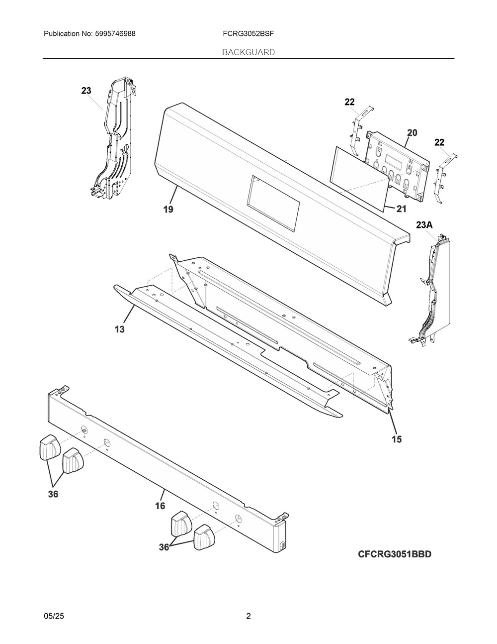 Backguard Diagram and Parts List for FCRG3052BSF  Frigidaire Range
