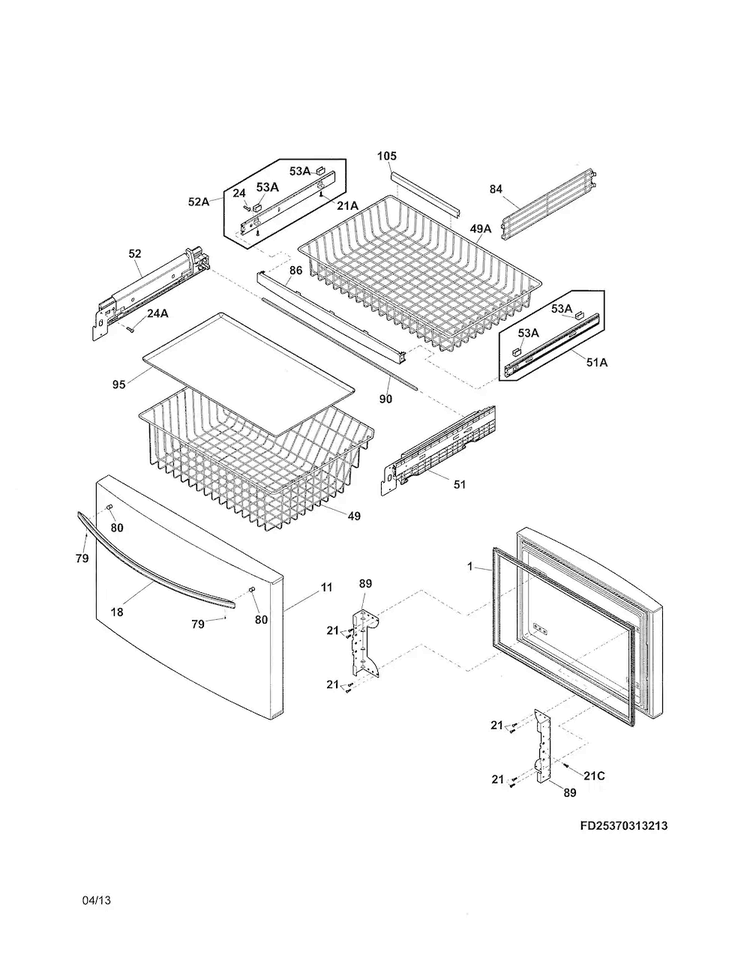 Freezer Drawer/baskets Diagram and Parts List for 25370319213  Kenmore Refrigerator