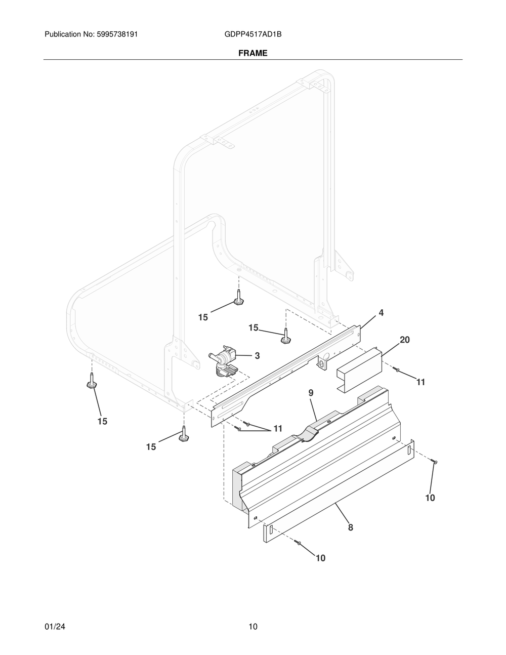Frame Diagram and Parts List for GDPP4517AD1B  Frigidaire Dishwasher