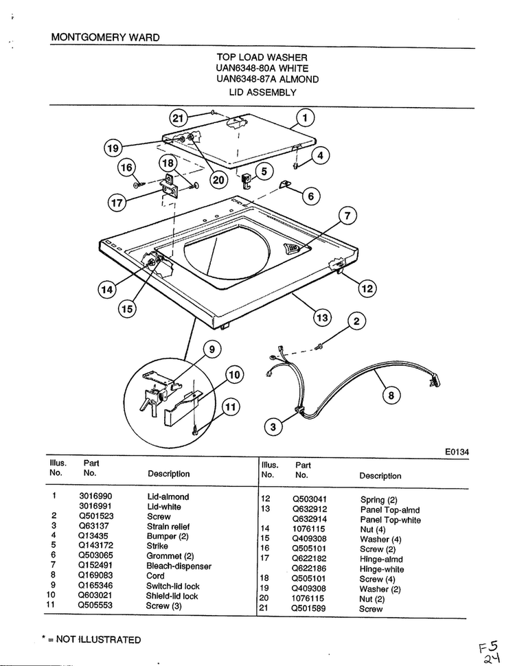 Lid Assembly Diagram and Parts List for 6348A  Frigidaire Washer
