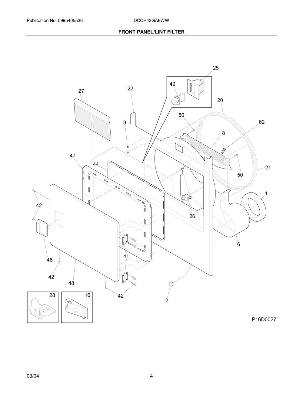 Front Panel/Lint Filter Diagram and Parts List for DCCH43GA6WW  Frigidaire Dryer