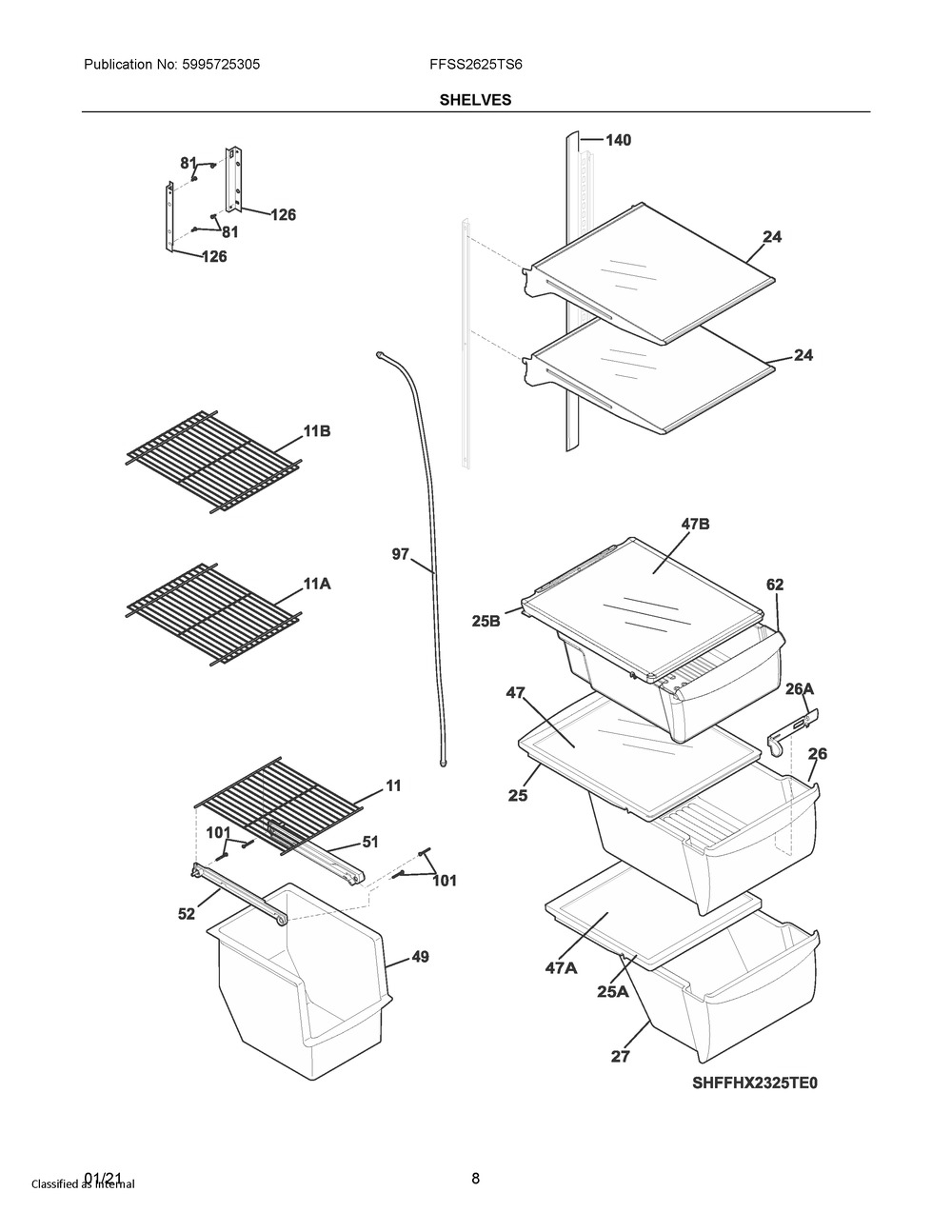 Shelves Diagram and Parts List for FFSS2625TS6  Frigidaire Refrigerator