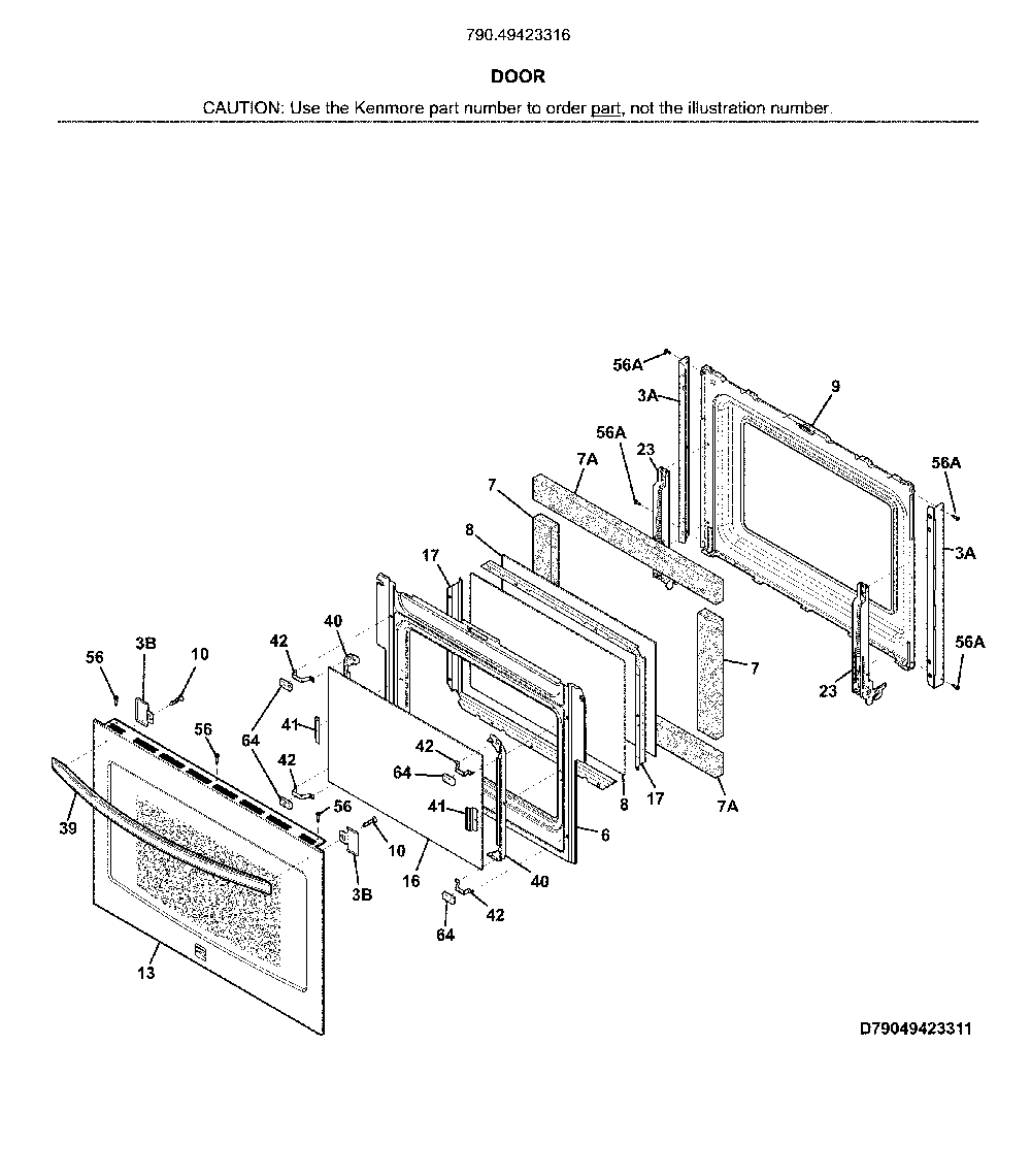 Door Diagram and Parts List for 79049423316  Kenmore Wall Oven