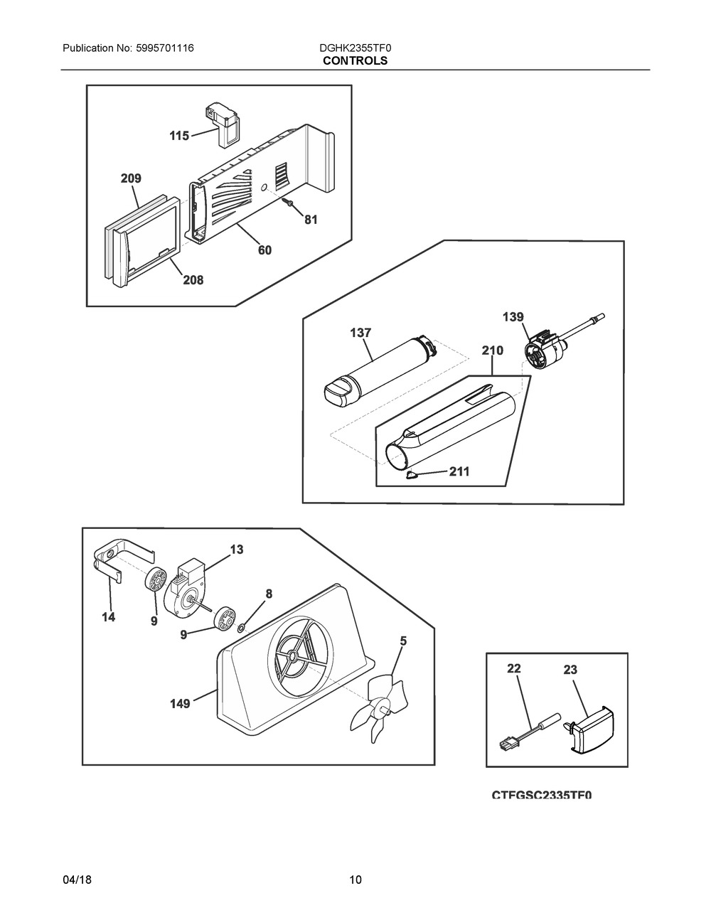 Controls Diagram and Parts List for DGHK2355TF0  Frigidaire Refrigerator