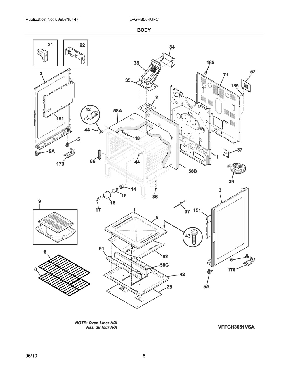 Body Diagram and Parts List for LFGH3054UFC  Frigidaire Range
