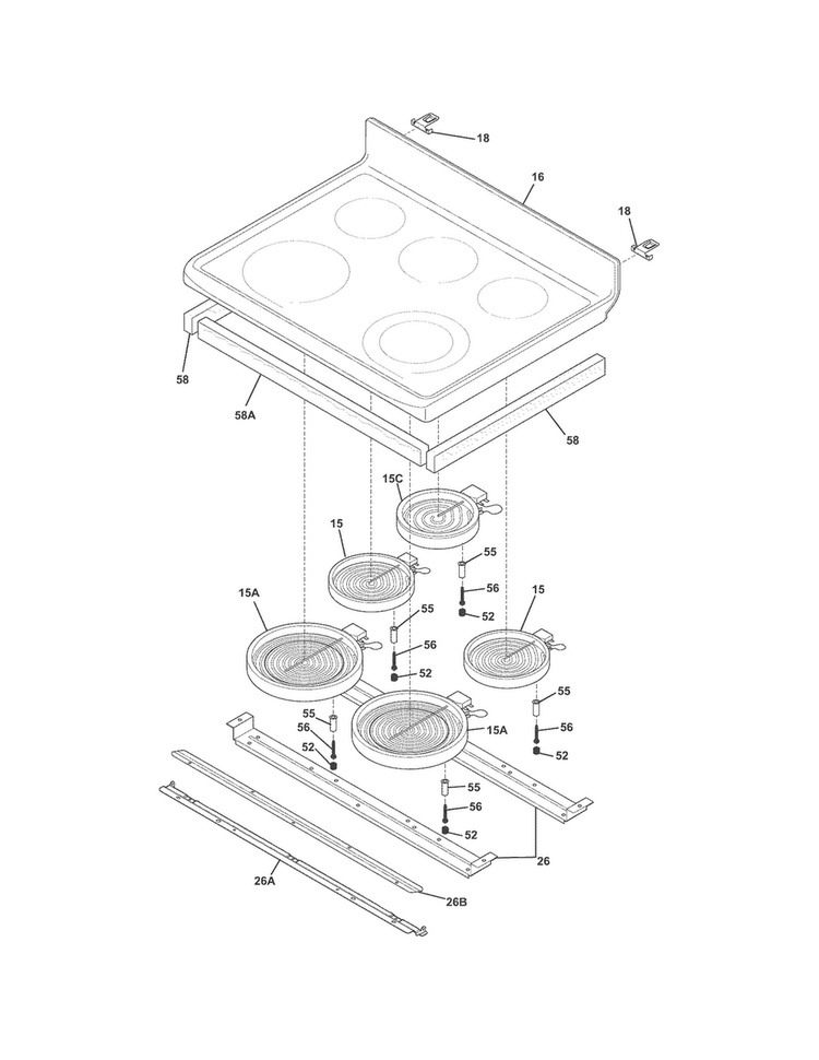 Main Top Diagram and Parts List for FGEF302TNFA  Frigidaire Range